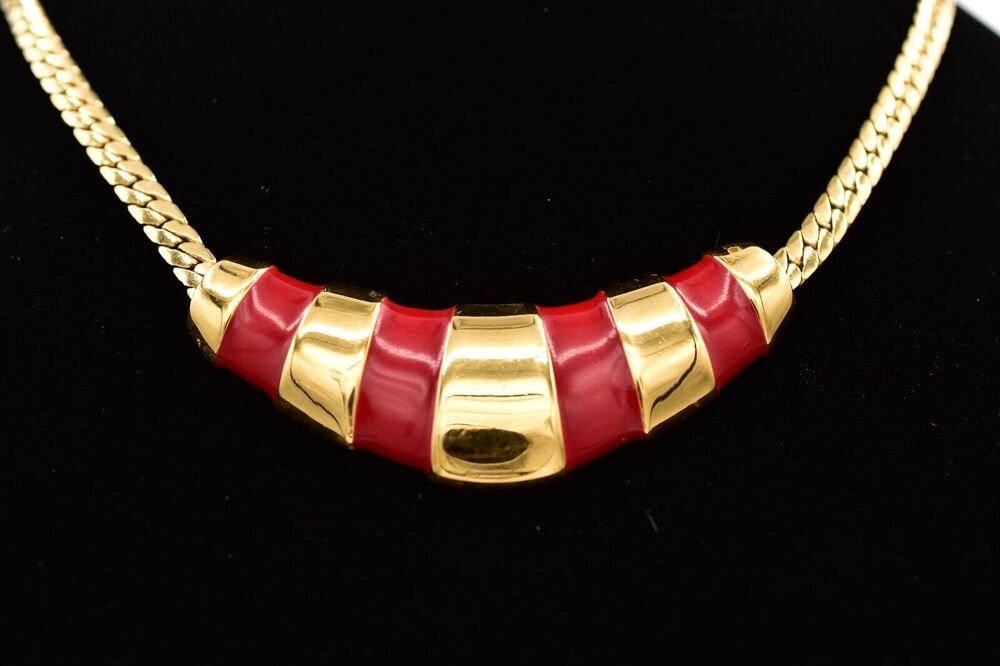 Napier Vintage Collar Necklace Red Enamel Gold Herringbone Chain Signed BinA17